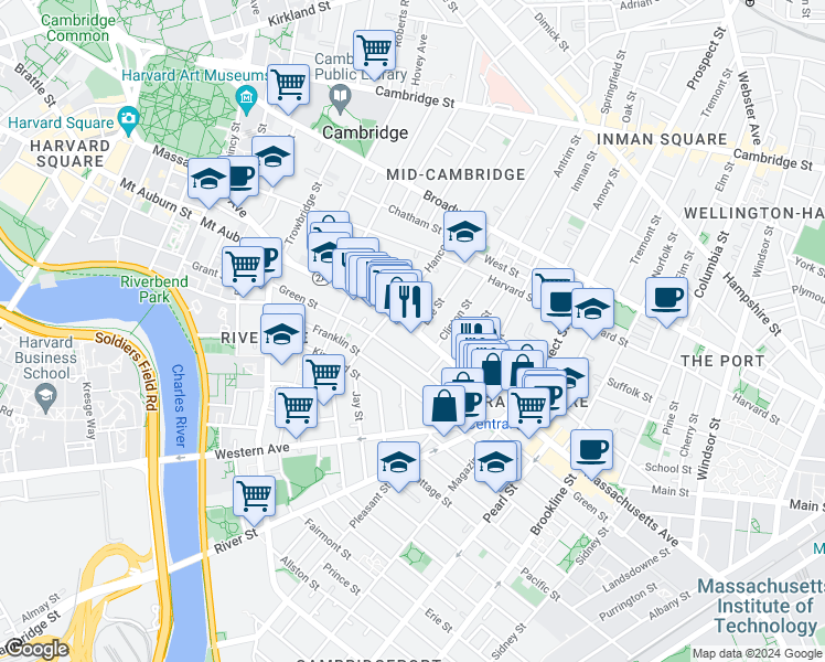 map of restaurants, bars, coffee shops, grocery stores, and more near 864 Massachusetts Avenue in Cambridge