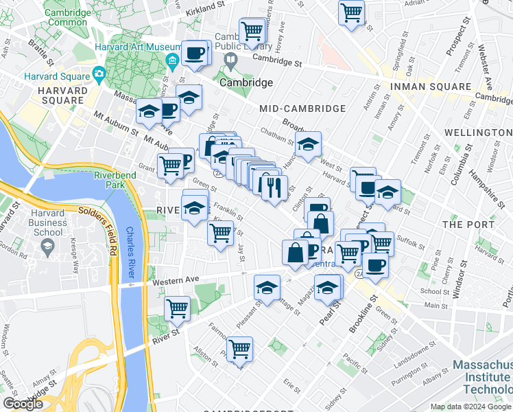 map of restaurants, bars, coffee shops, grocery stores, and more near 512 Green Street in Cambridge