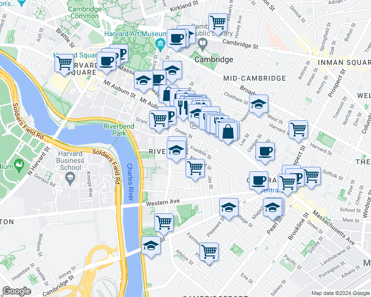 map of restaurants, bars, coffee shops, grocery stores, and more near 98 Kinnaird Street in Cambridge