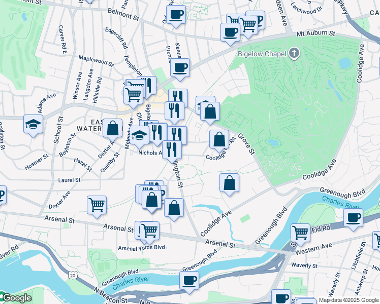 map of restaurants, bars, coffee shops, grocery stores, and more near 29 Coolidge Hill Road in Watertown