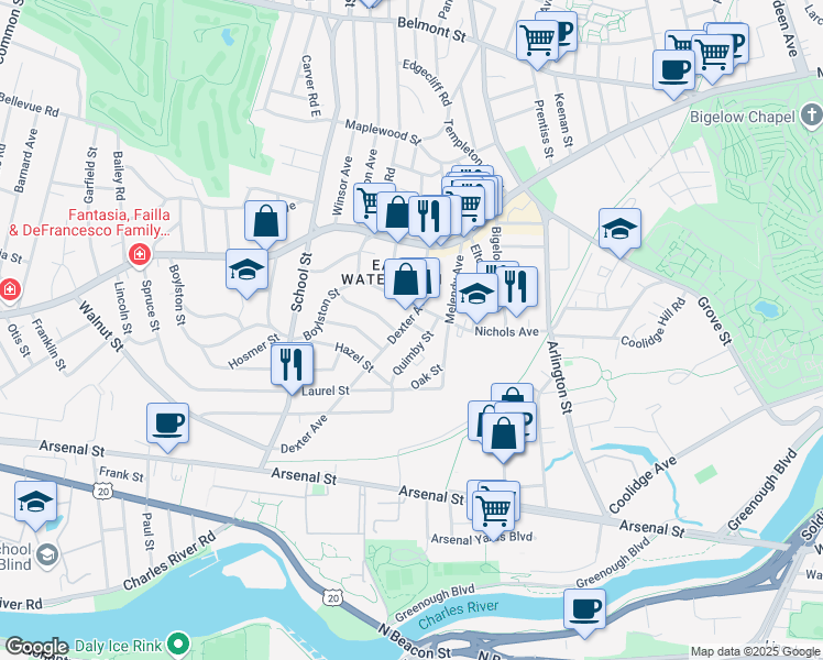 map of restaurants, bars, coffee shops, grocery stores, and more near 78 Dexter Avenue in Watertown
