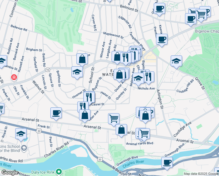 map of restaurants, bars, coffee shops, grocery stores, and more near 18 Fairfield Street in Watertown