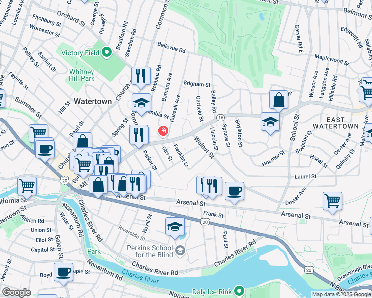 map of restaurants, bars, coffee shops, grocery stores, and more near 28 Franklin Street in Watertown