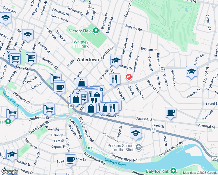 map of restaurants, bars, coffee shops, grocery stores, and more near 69 Mount Auburn Street in Watertown