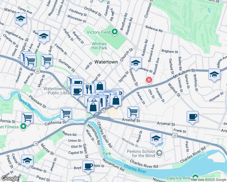 map of restaurants, bars, coffee shops, grocery stores, and more near 73 Spring Street in Watertown