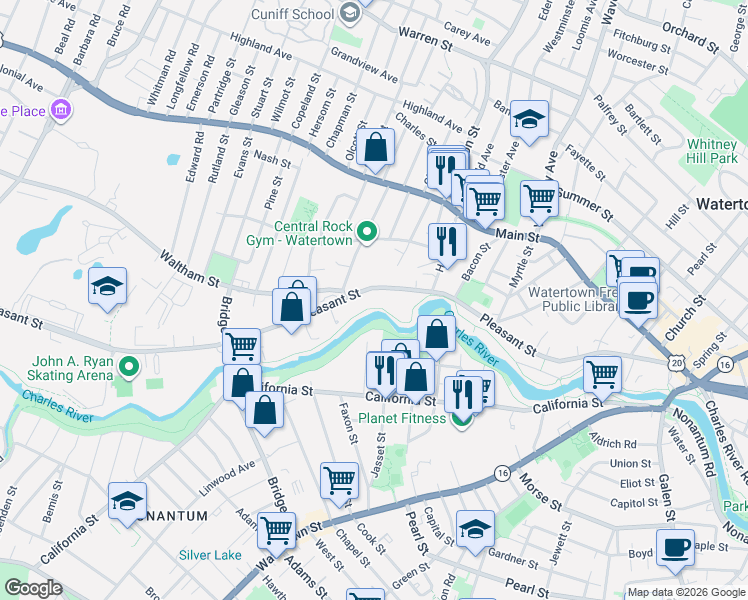 map of restaurants, bars, coffee shops, grocery stores, and more near 300 Pleasant Street in Watertown