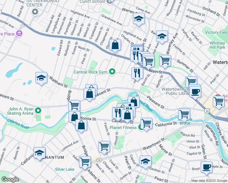 map of restaurants, bars, coffee shops, grocery stores, and more near 300 Pleasant Street in Watertown