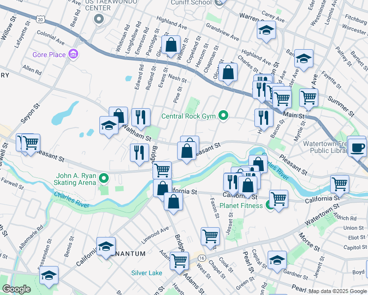 map of restaurants, bars, coffee shops, grocery stores, and more near 385 Pleasant Street in Watertown