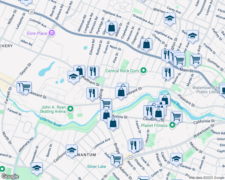 map of restaurants, bars, coffee shops, grocery stores, and more near 13 Swetts Court in Watertown