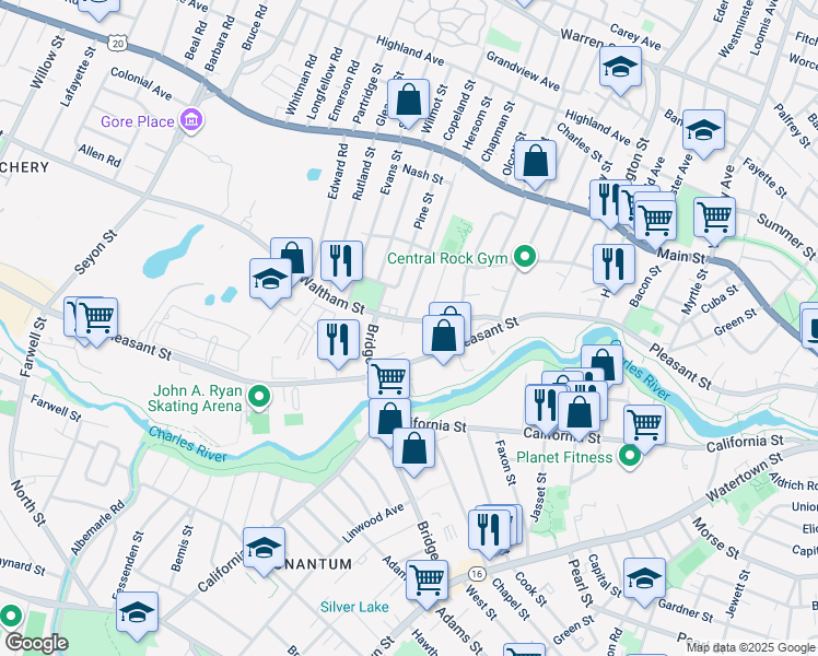 map of restaurants, bars, coffee shops, grocery stores, and more near 13 Swetts Court in Watertown