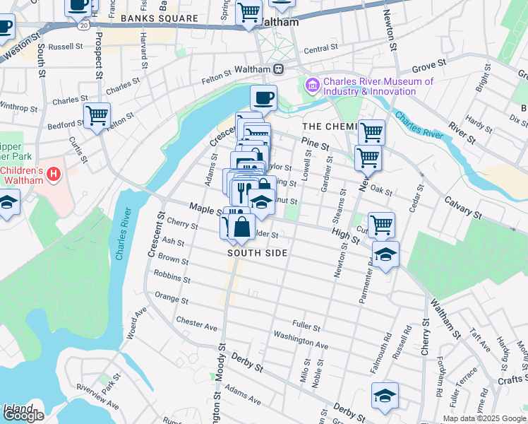 map of restaurants, bars, coffee shops, grocery stores, and more near 7 High Street in Waltham