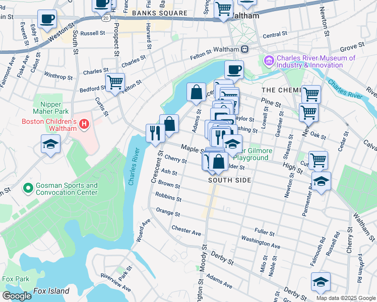 map of restaurants, bars, coffee shops, grocery stores, and more near 107 Adams Street in Waltham