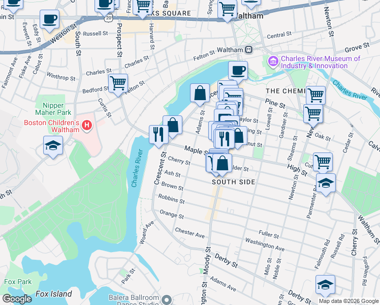 map of restaurants, bars, coffee shops, grocery stores, and more near 107 Adams Street in Waltham