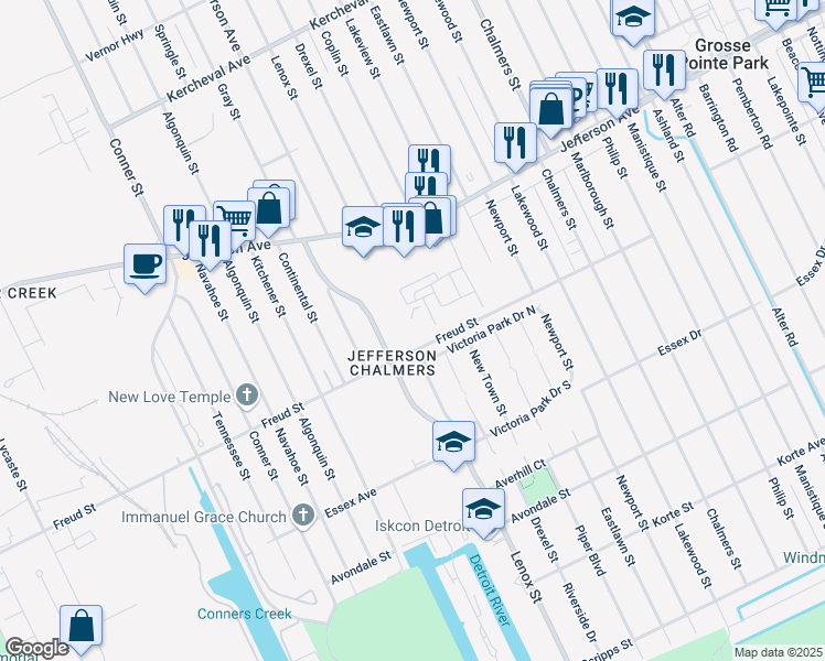 map of restaurants, bars, coffee shops, grocery stores, and more near in Detroit