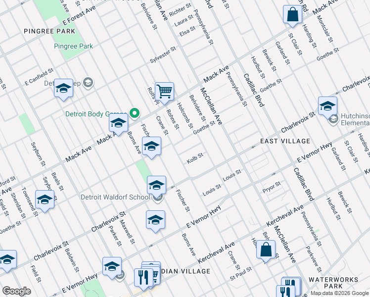 map of restaurants, bars, coffee shops, grocery stores, and more near 8838 Treadway Place in Detroit