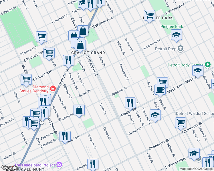 map of restaurants, bars, coffee shops, grocery stores, and more near 906 East Grand Boulevard in Detroit
