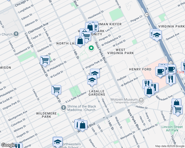 map of restaurants, bars, coffee shops, grocery stores, and more near 2052 Delaware Street in Detroit