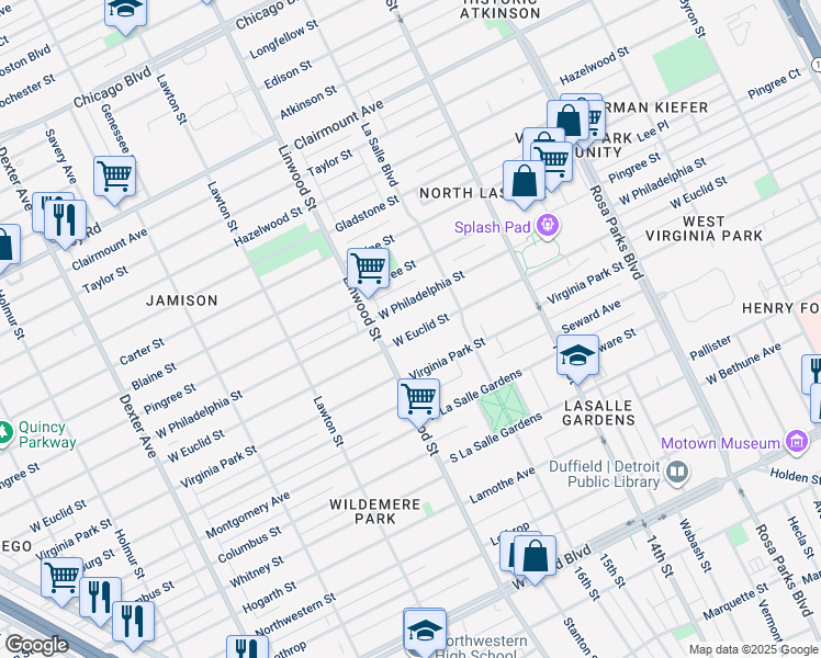 map of restaurants, bars, coffee shops, grocery stores, and more near 2483 West Euclid Street in Detroit