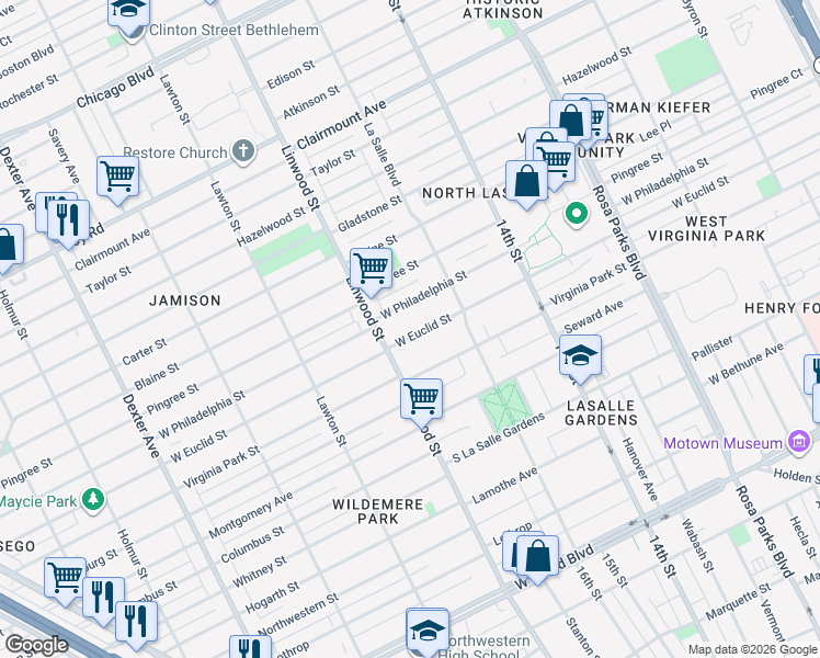 map of restaurants, bars, coffee shops, grocery stores, and more near 2483 West Euclid Street in Detroit