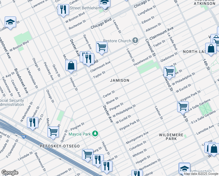 map of restaurants, bars, coffee shops, grocery stores, and more near 3276 Carter Street in Detroit
