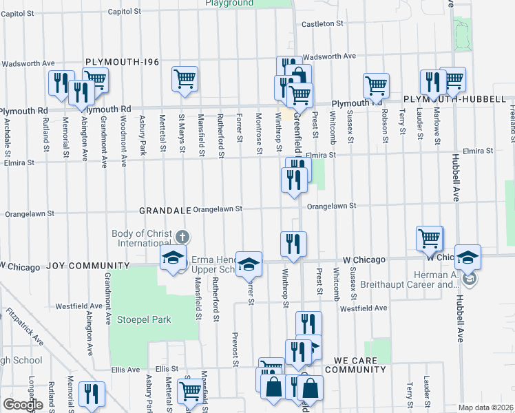 map of restaurants, bars, coffee shops, grocery stores, and more near 9660 Forrer Street in Detroit