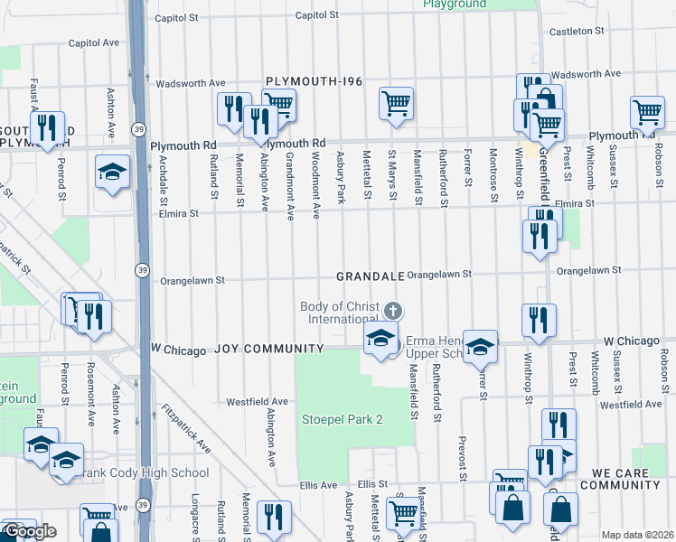map of restaurants, bars, coffee shops, grocery stores, and more near 9660 Woodmont Avenue in Detroit