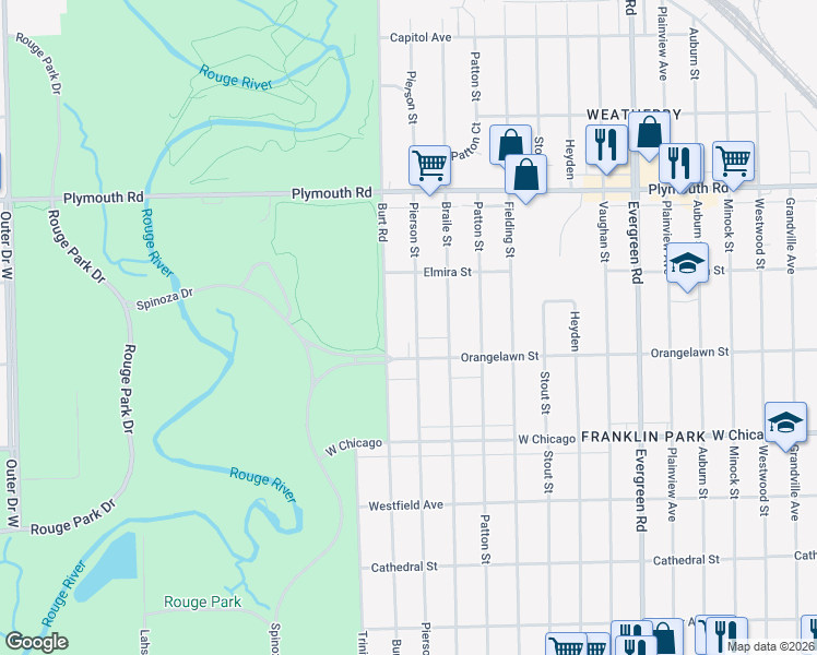 map of restaurants, bars, coffee shops, grocery stores, and more near 20834 Orangelawn Street in Detroit