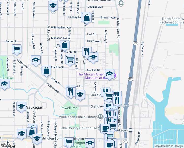 map of restaurants, bars, coffee shops, grocery stores, and more near 336 Cory Avenue in Waukegan