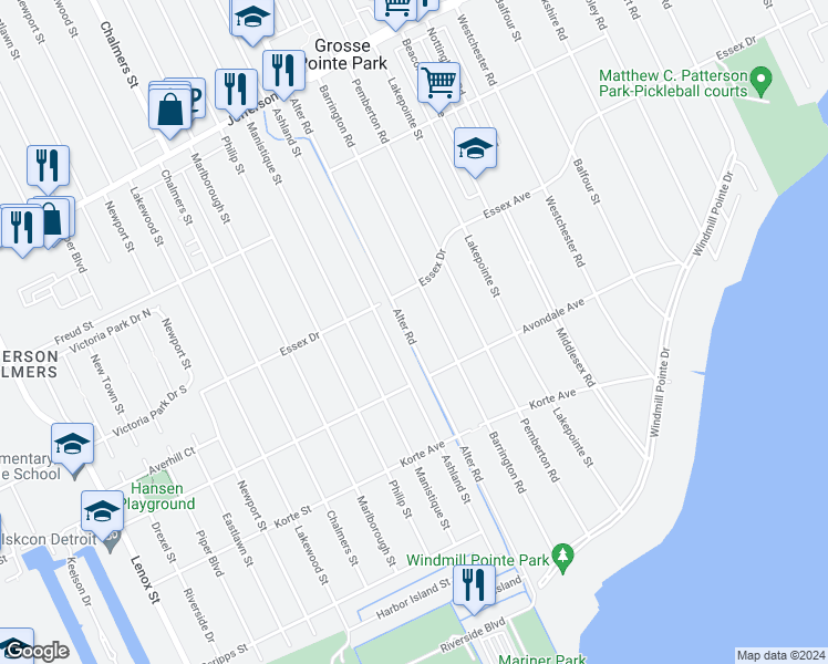 map of restaurants, bars, coffee shops, grocery stores, and more near 448 Alter Road in Detroit