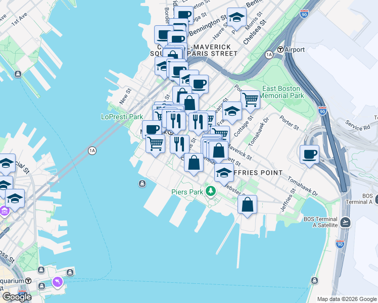 map of restaurants, bars, coffee shops, grocery stores, and more near 30 Orleans Street in Boston