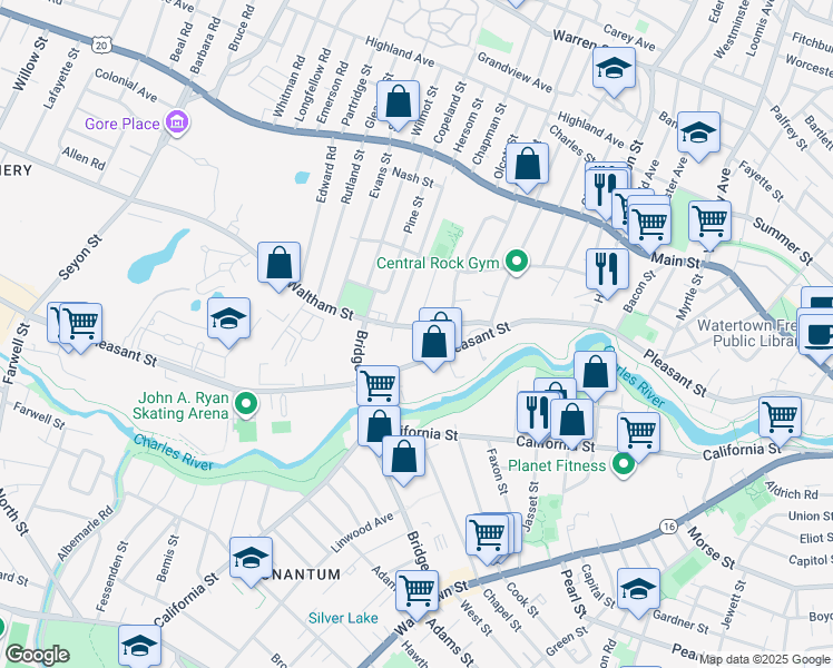 map of restaurants, bars, coffee shops, grocery stores, and more near 58 Waltham Street in Watertown