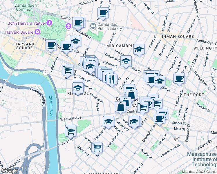 map of restaurants, bars, coffee shops, grocery stores, and more near 512 Green Street in Cambridge