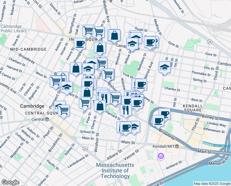 map of restaurants, bars, coffee shops, grocery stores, and more near 86 Bristol Street in Cambridge