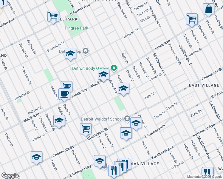 map of restaurants, bars, coffee shops, grocery stores, and more near 3421 Burns Avenue in Detroit