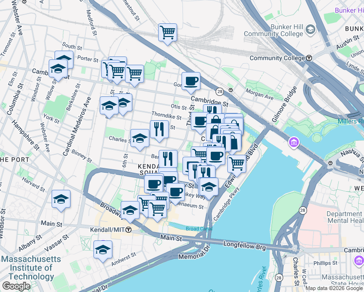 map of restaurants, bars, coffee shops, grocery stores, and more near 183 3rd Street in Cambridge