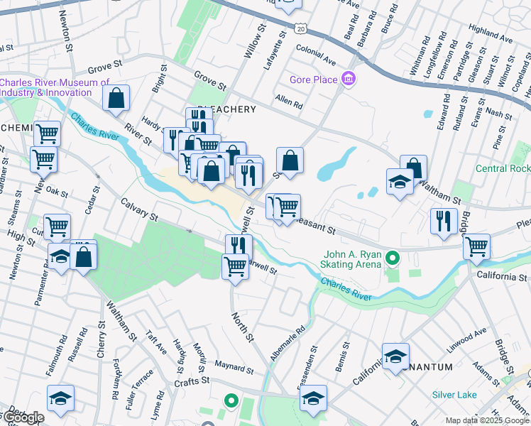 map of restaurants, bars, coffee shops, grocery stores, and more near 36 River Street in Waltham