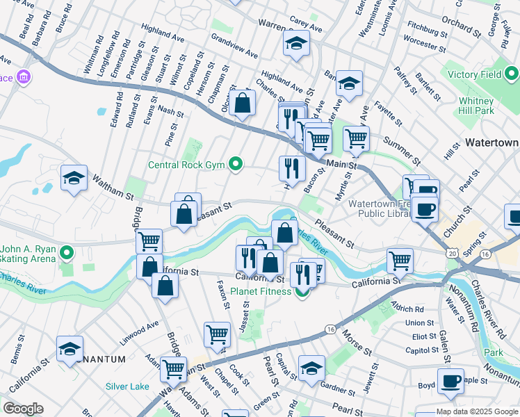 map of restaurants, bars, coffee shops, grocery stores, and more near 270 Pleasant Street in Watertown