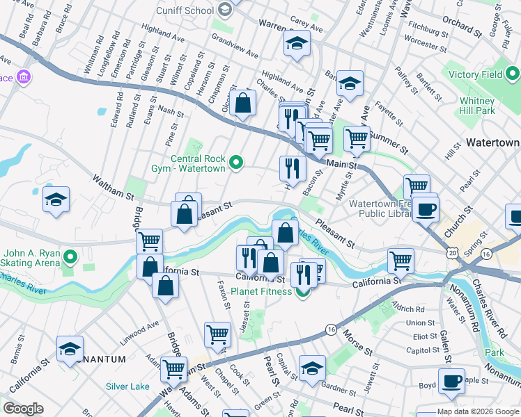 map of restaurants, bars, coffee shops, grocery stores, and more near 270 Pleasant Street in Watertown