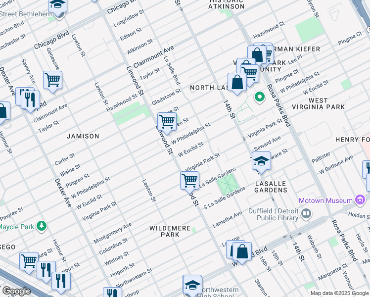 map of restaurants, bars, coffee shops, grocery stores, and more near 2483 West Euclid Street in Detroit