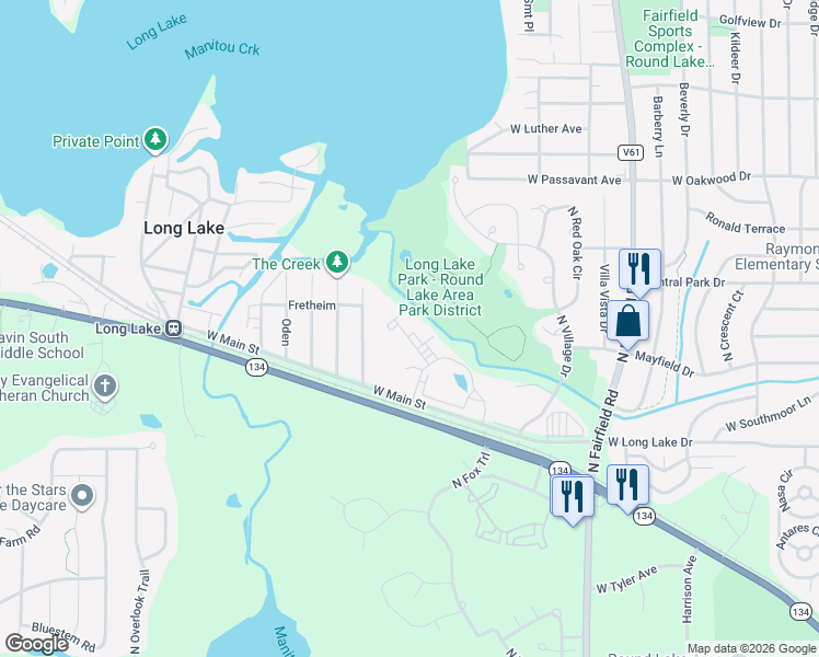 map of restaurants, bars, coffee shops, grocery stores, and more near 1524 West Sand Bar Court in Round Lake Beach