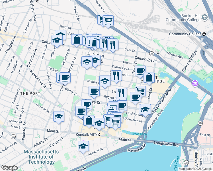 map of restaurants, bars, coffee shops, grocery stores, and more near 254 Bent Street in Cambridge