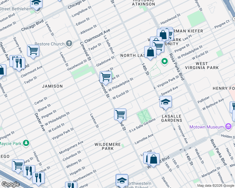 map of restaurants, bars, coffee shops, grocery stores, and more near 2483 West Euclid Street in Detroit