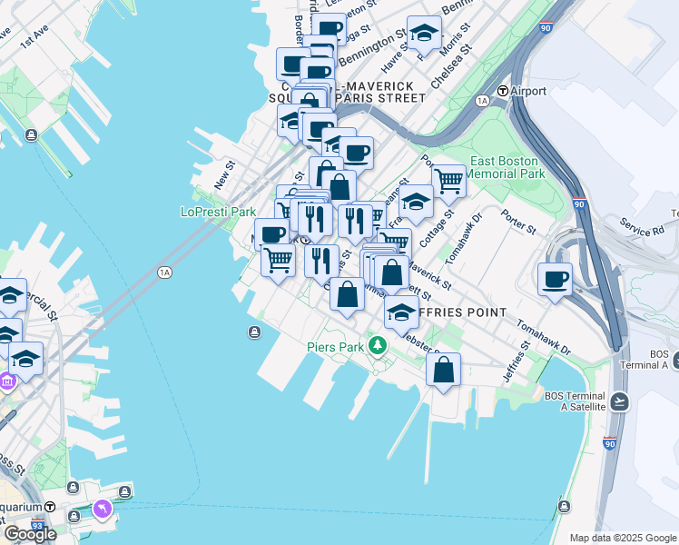 map of restaurants, bars, coffee shops, grocery stores, and more near 30 Orleans Street in Boston