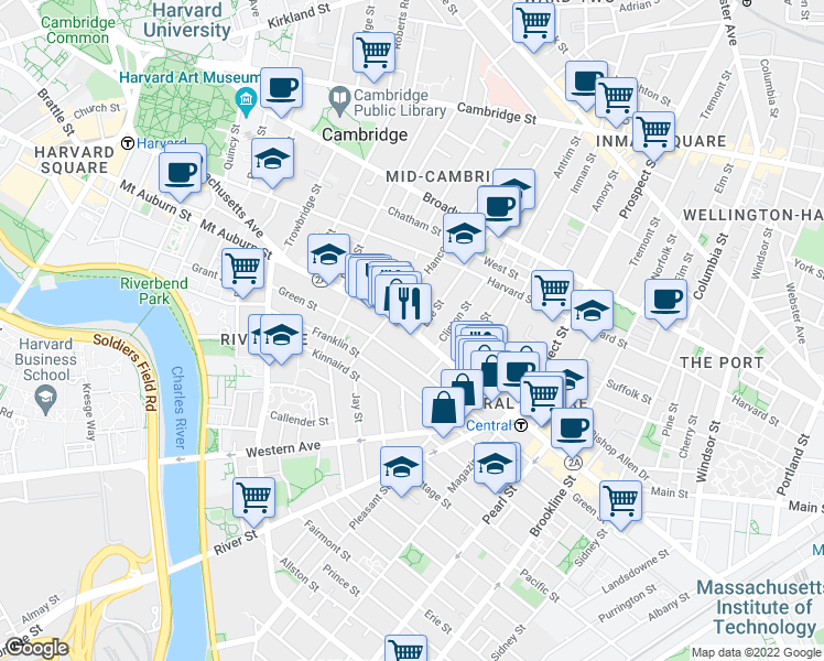 map of restaurants, bars, coffee shops, grocery stores, and more near 864 Massachusetts Avenue in Cambridge