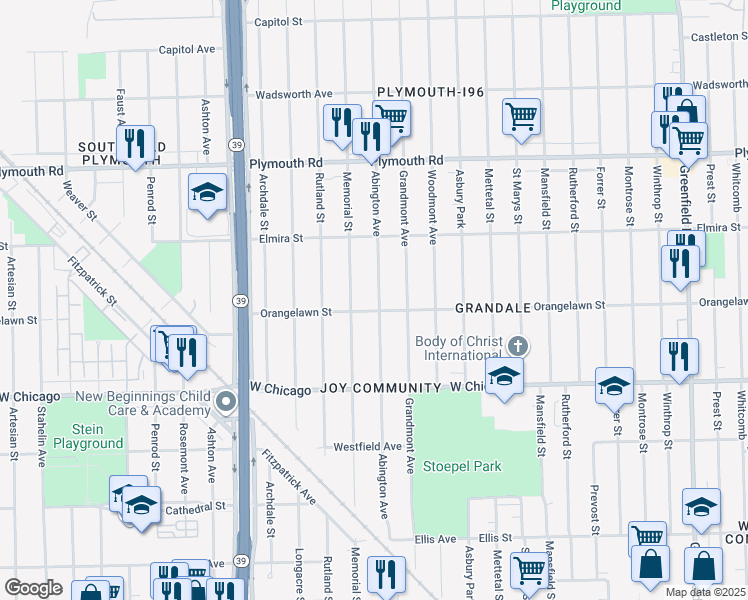 map of restaurants, bars, coffee shops, grocery stores, and more near 9919 Abington Avenue in Detroit