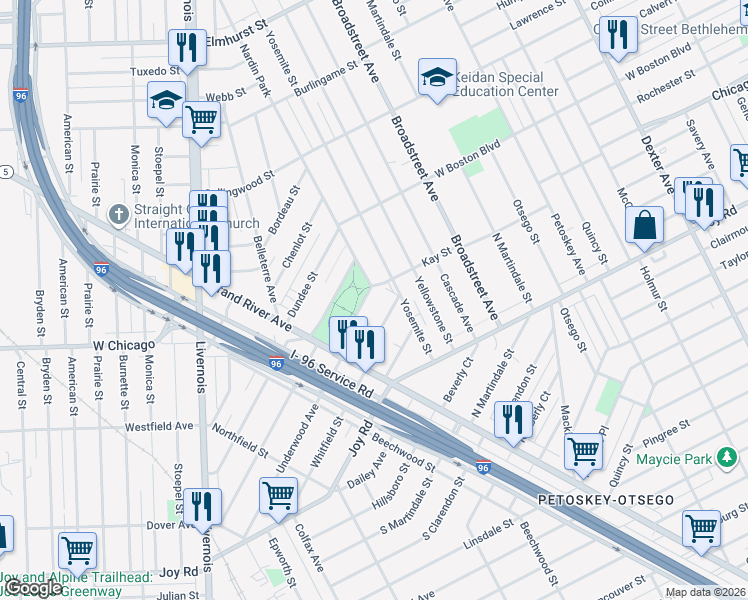 map of restaurants, bars, coffee shops, grocery stores, and more near 5121 West Chicago in Detroit