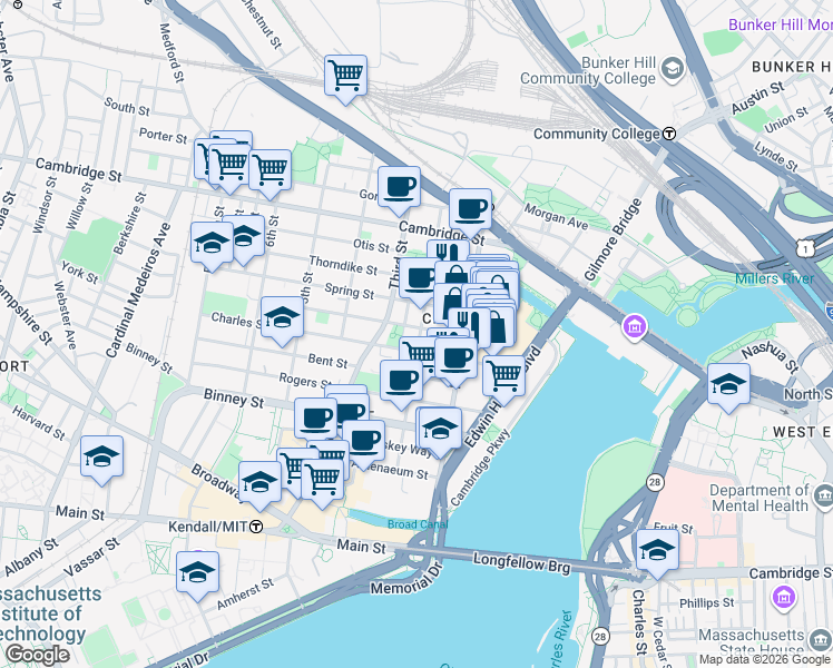 map of restaurants, bars, coffee shops, grocery stores, and more near in Cambridge