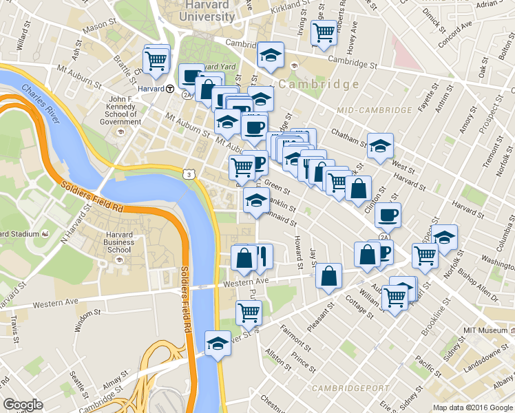 map of restaurants, bars, coffee shops, grocery stores, and more near Putnam Ave & Kinnaird St in Cambridge