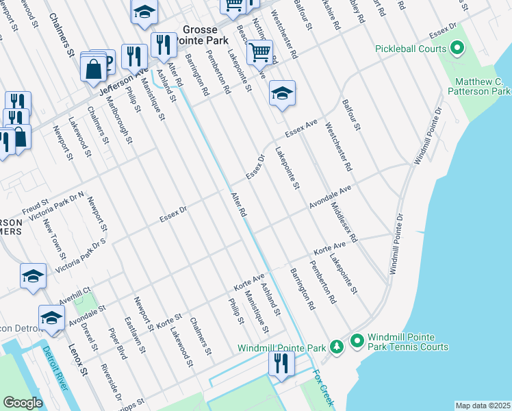 map of restaurants, bars, coffee shops, grocery stores, and more near 723 Barrington Road in Grosse Pointe Park