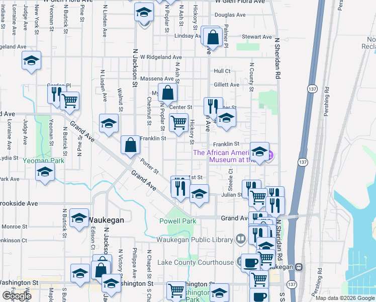 map of restaurants, bars, coffee shops, grocery stores, and more near 622 2nd Street in Waukegan